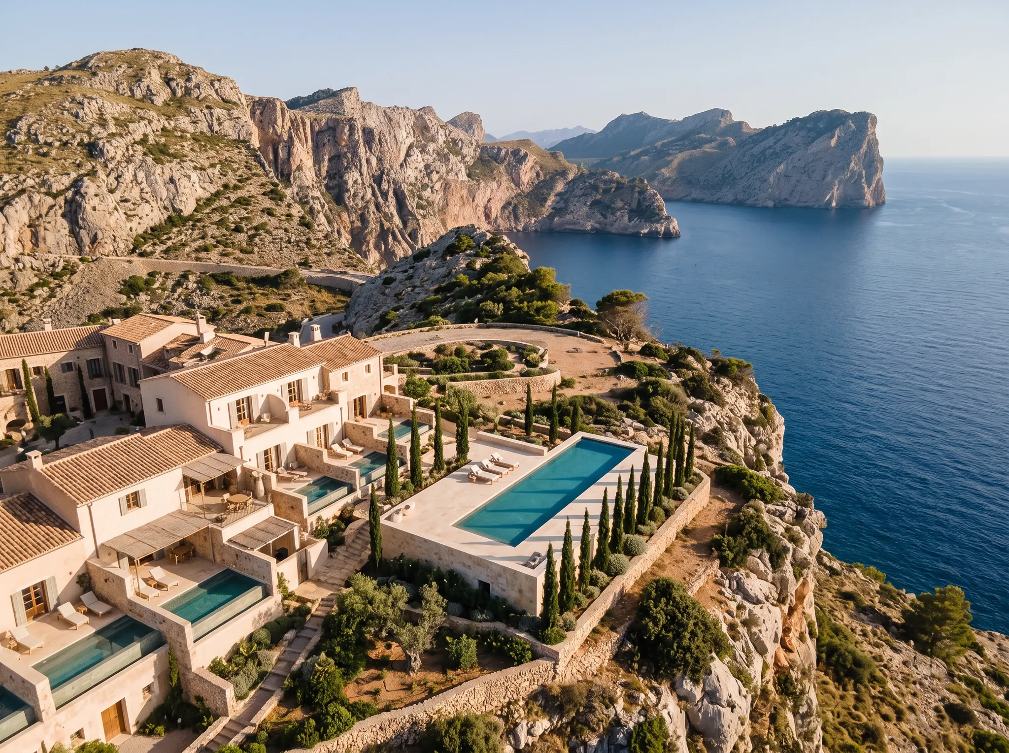 Hotel costero mediterráneo y piscina vistos desde el aire