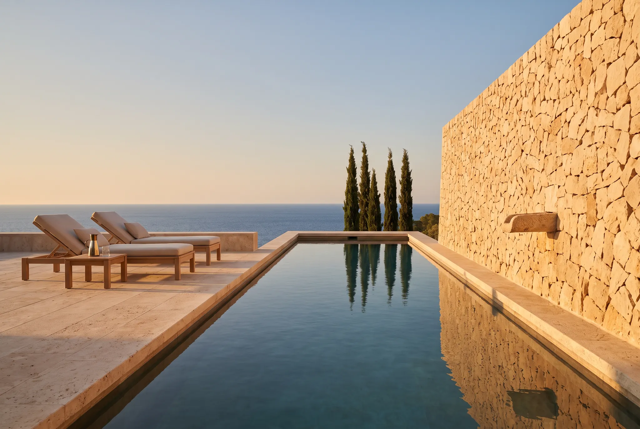 Mediterranean hotel terrace and infinity pool overlooking the sea