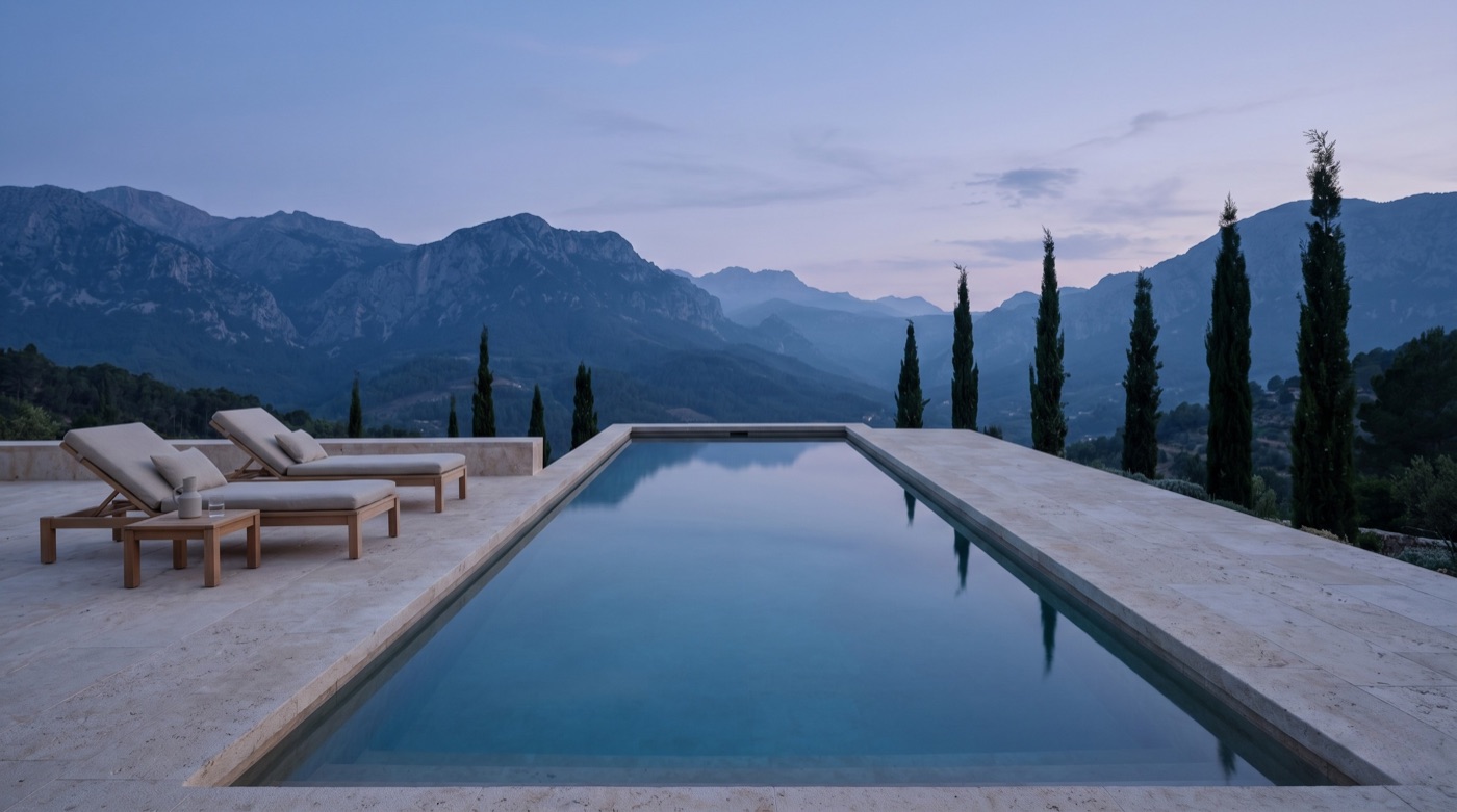 Una piscina infinita en un hotel rural al atardecer, con vistas a las montañas y a los cipreses