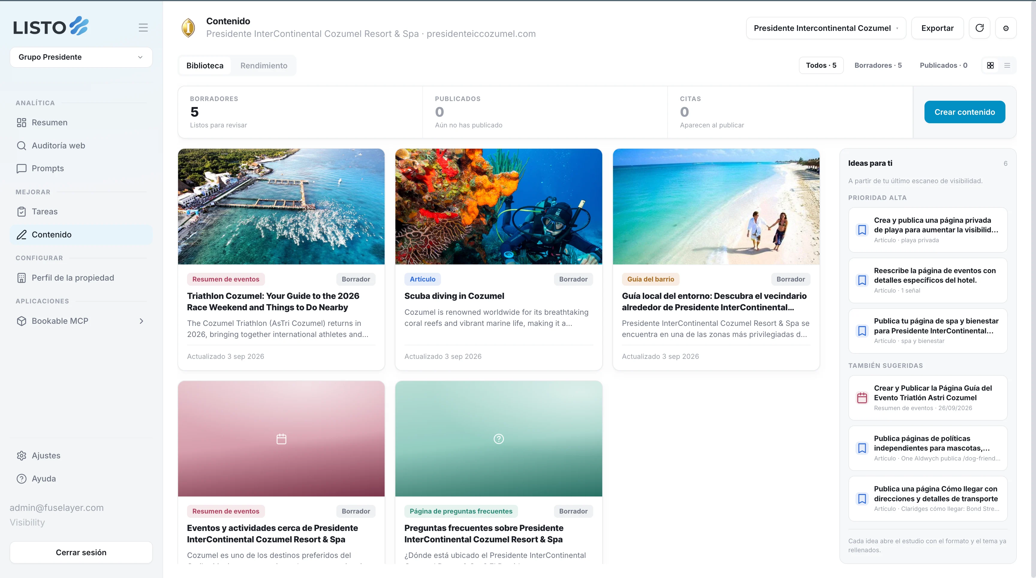 Listo content library with tailored hotel articles and content opportunities